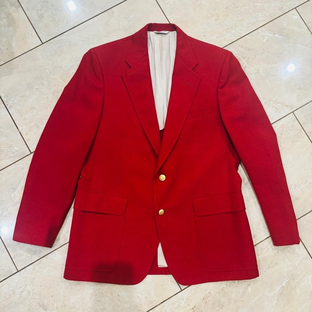 Vintage 70s Palm Beach Mens Red Blazer Gold Buttons Suit Jacket Size 34